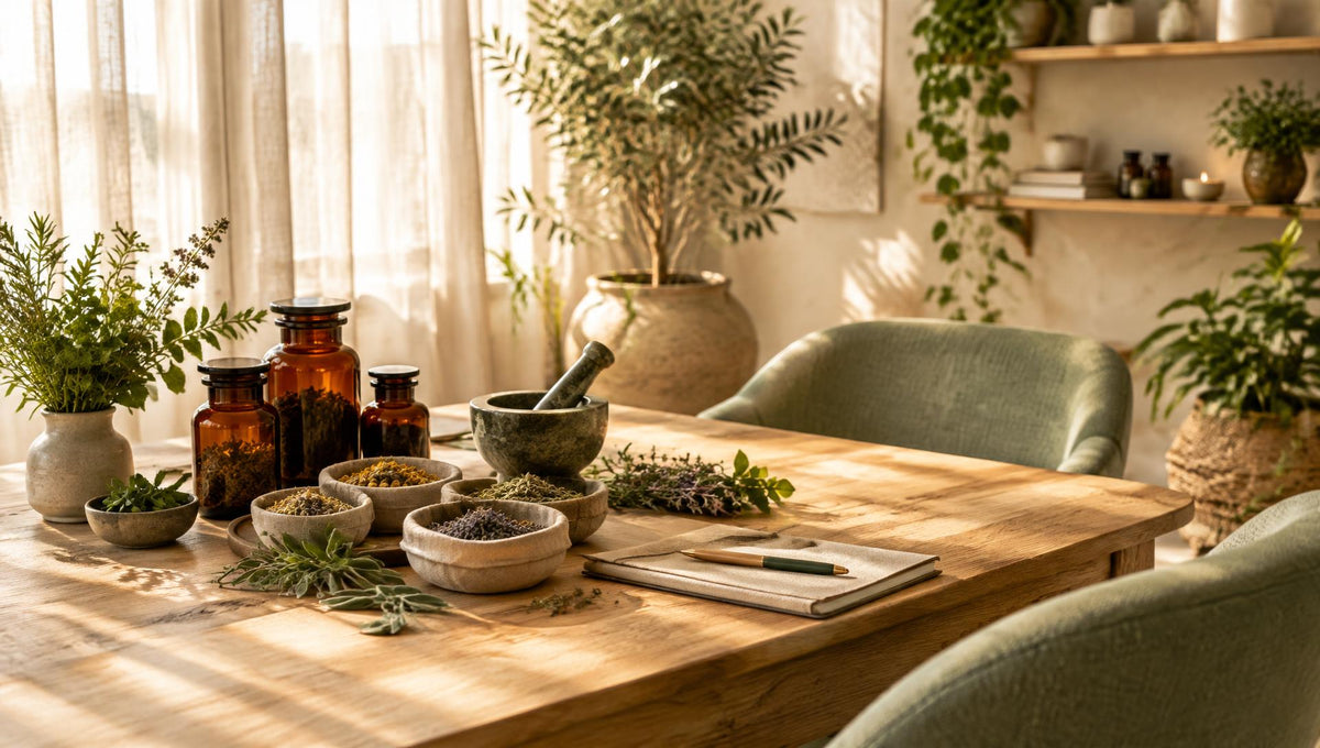 A warm, sunlit wellness studio table set with herbal jars, mortar and pestle, and greenery
