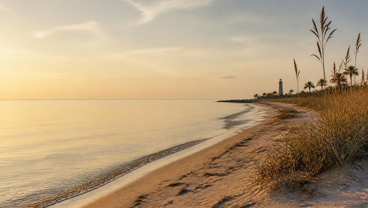 Quiet Florida shoreline at golden hour