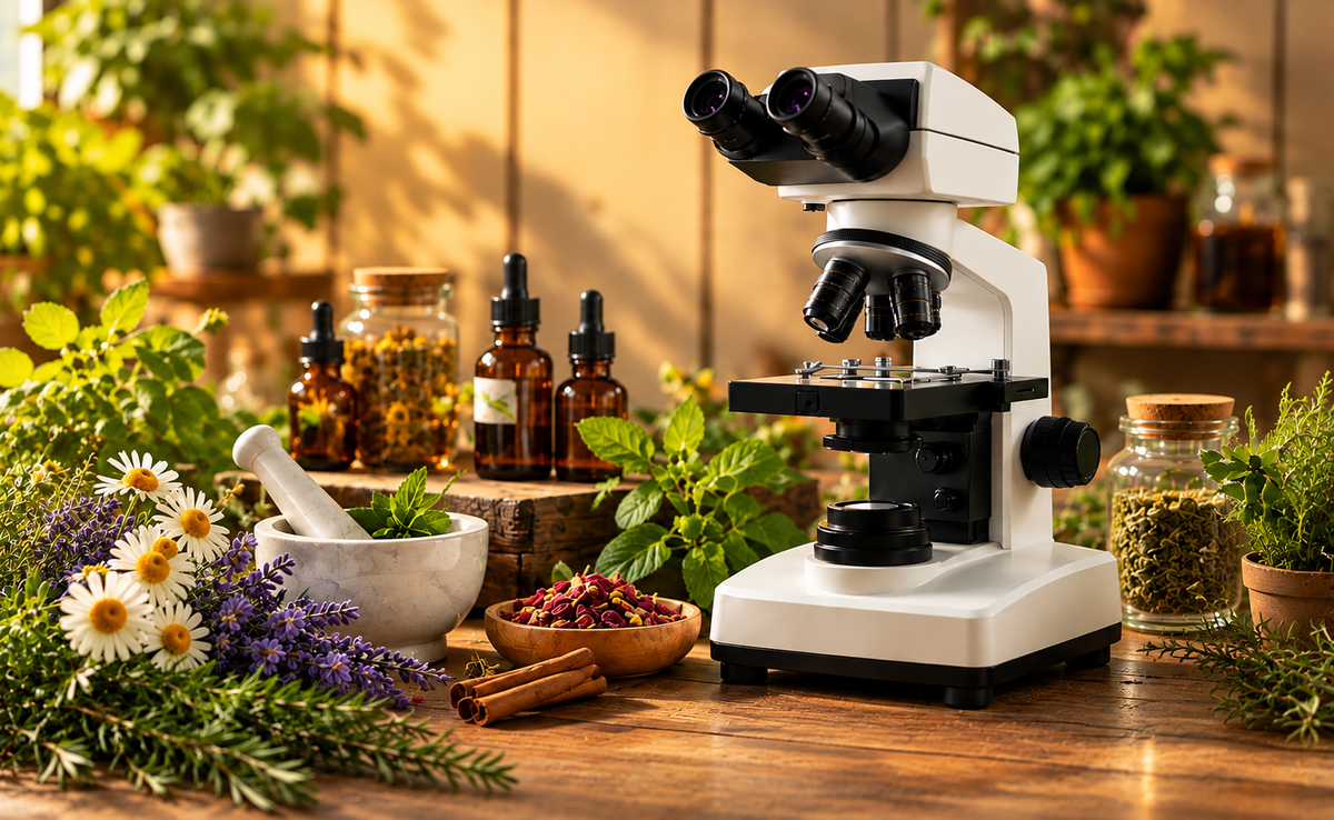 A microscope surrounded by fresh herbs, flowers, spices and natural apothecary jars on a wooden table