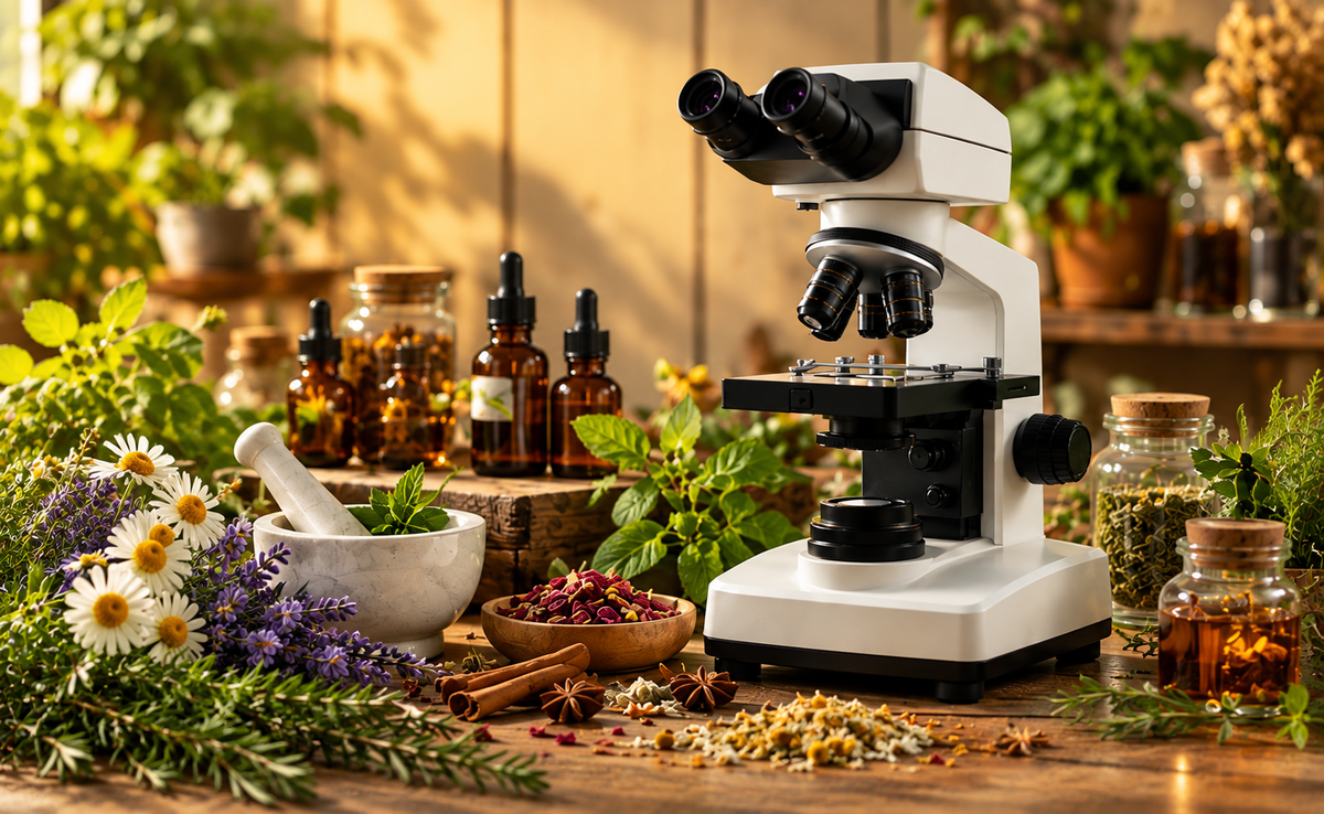A microscope surrounded by herbs, tinctures and apothecary jars on a warm wooden table