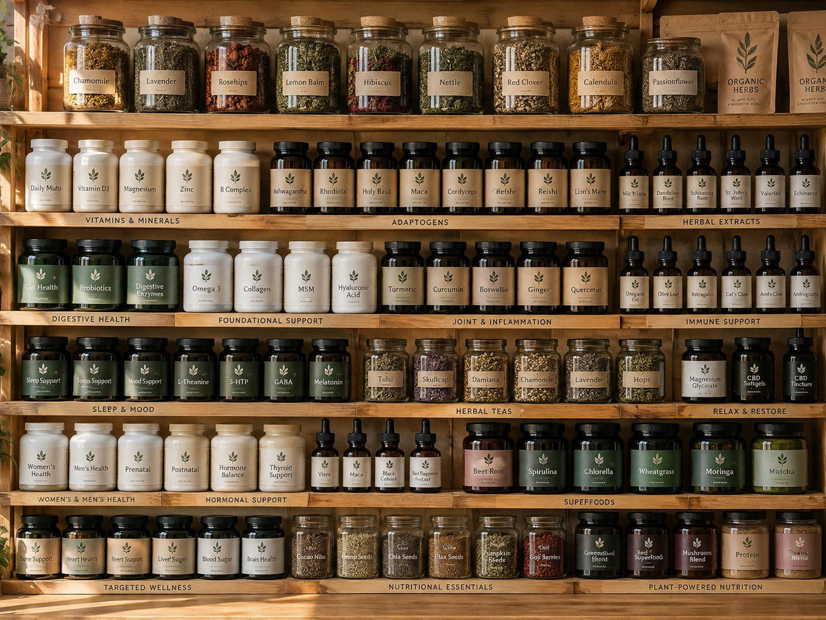 Wooden shelves stocked with rows of supplement bottles, tinctures and labeled apothecary jars